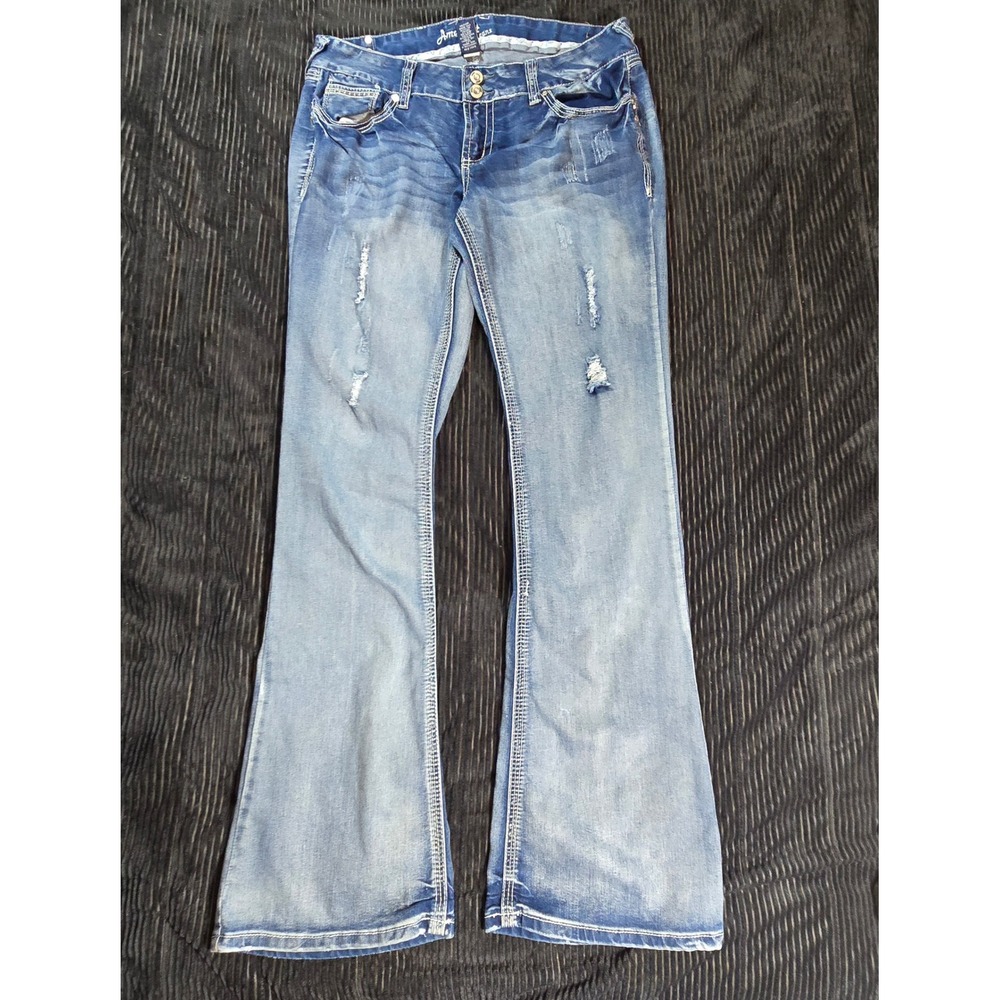 Amethyst Jeans Womens 11 Medium Wash Distressed Embellished Bootcut Denim Y2K